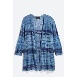 Absolutely Women's Plus Size Cladio Open Front Blue Striped Knit Cardigan